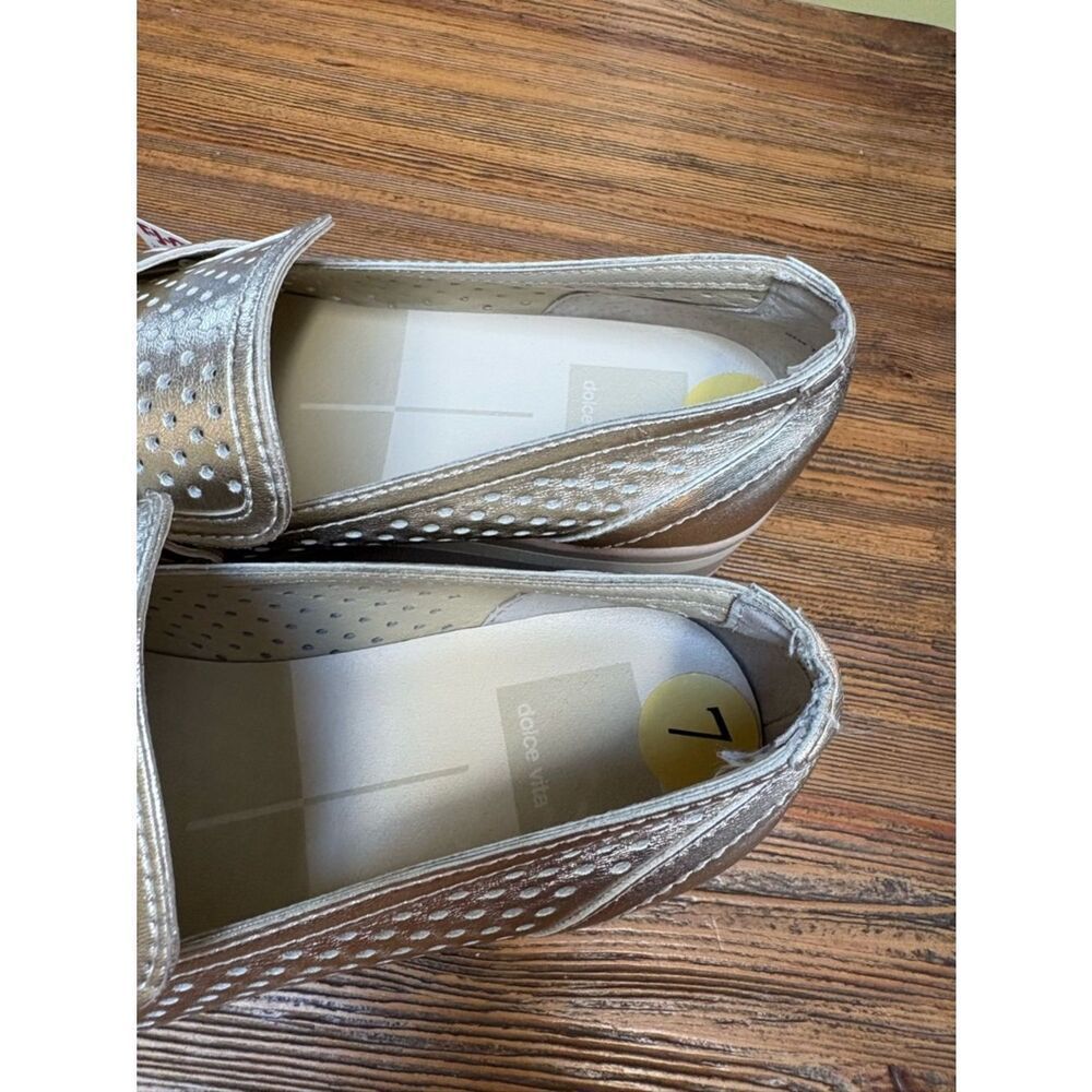Dolce Vita Champagne Metallic Perforated Platform Loafers - Picture 8 of 13